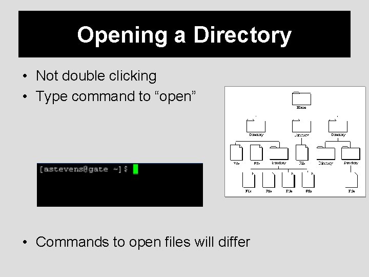 Opening a Directory • Not double clicking • Type command to “open” • Commands