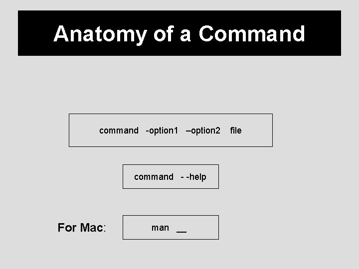 Anatomy of a Command command -option 1 –option 2 command - -help For Mac: