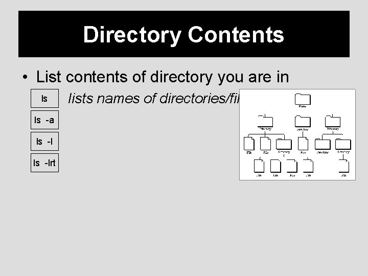 Directory Contents • List contents of directory you are in ls ls -a ls
