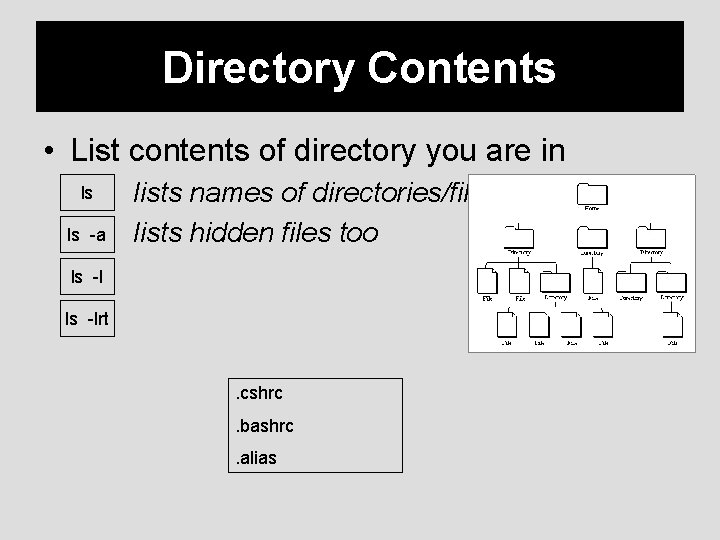 Directory Contents • List contents of directory you are in ls ls -a lists
