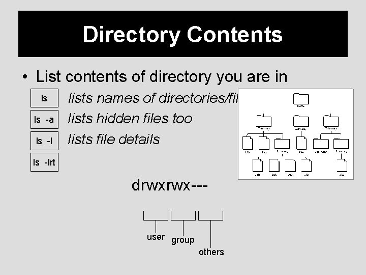 Directory Contents • List contents of directory you are in ls ls -a ls