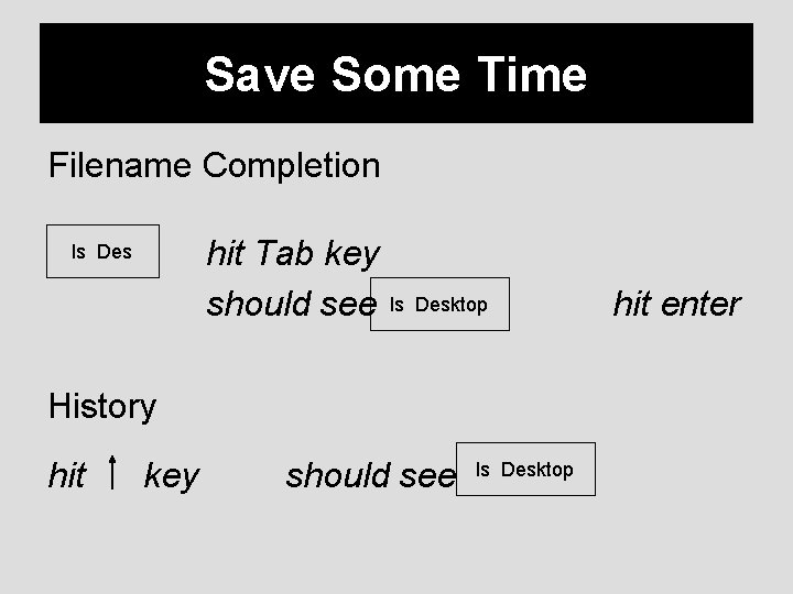Save Some Time Filename Completion hit Tab key should see ls Desktop History hit