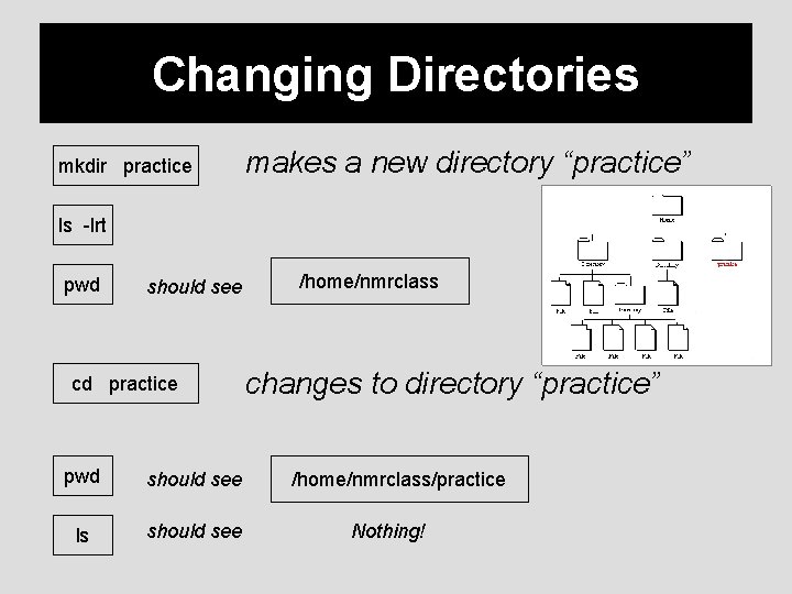 Changing Directories mkdir practice makes a new directory “practice” ls -lrt pwd should see