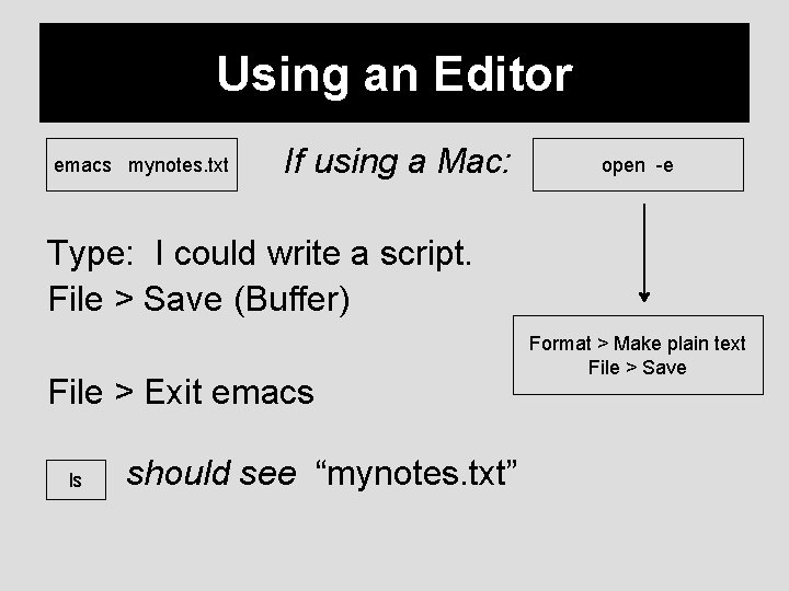 Using an Editor emacs mynotes. txt If using a Mac: open -e Type: I