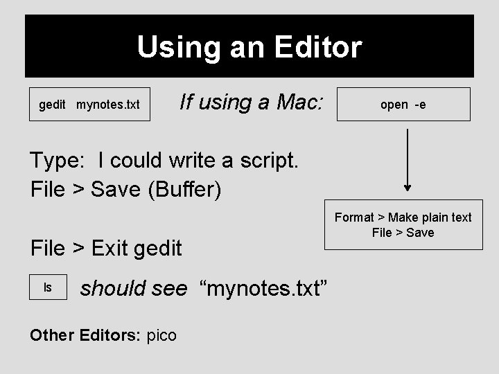 Using an Editor gedit mynotes. txt If using a Mac: open -e Type: I