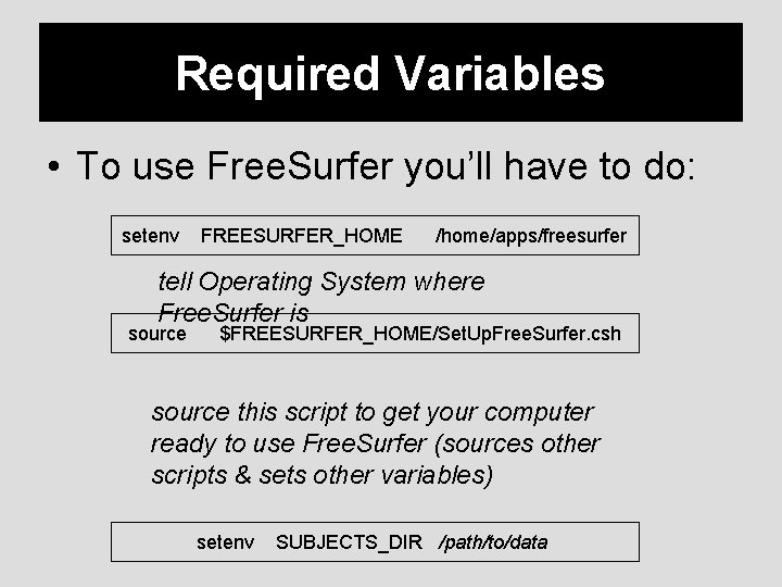 Required Variables • To use Free. Surfer you’ll have to do: setenv FREESURFER_HOME /home/apps/freesurfer