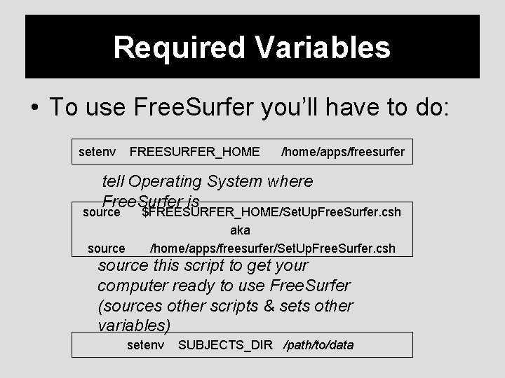 Required Variables • To use Free. Surfer you’ll have to do: setenv FREESURFER_HOME /home/apps/freesurfer