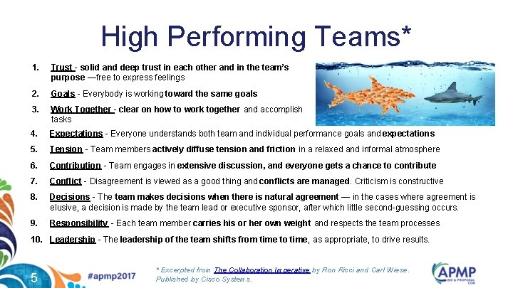 High Performing Teams* 1. Trust - solid and deep trust in each other and