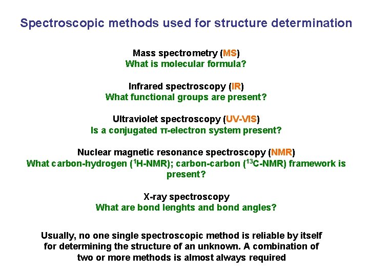 Spectroscopic methods used for structure determination Mass spectrometry (MS) What is molecular formula? Infrared