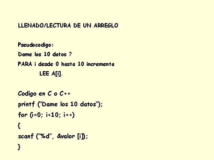 LLENADO/LECTURA DE UN ARREGLO Pseudocodigo: Dame los 10 datos ? PARA i desde 0