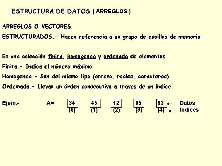 ESTRUCTURA DE DATOS ( ARREGLOS ) ARREGLOS O VECTORES. ESTRUCTURADOS. - Hacen referencia a