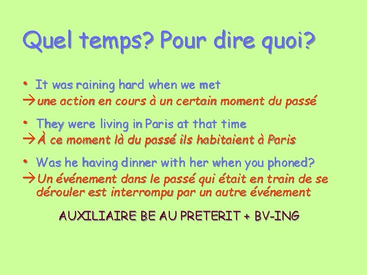 Quel temps? Pour dire quoi? • It was raining hard when we met une Quel temps? Pour dire quoi? • It was raining hard when we met une