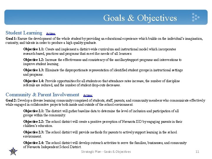 Goals & Objectives Student Learning Actions Goal 1: Ensure the development of the whole
