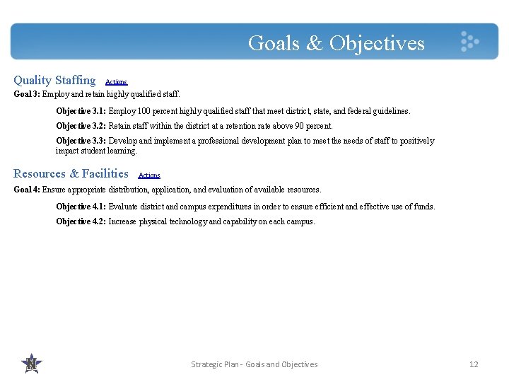 Goals & Objectives Quality Staffing Actions Goal 3: Employ and retain highly qualified staff.