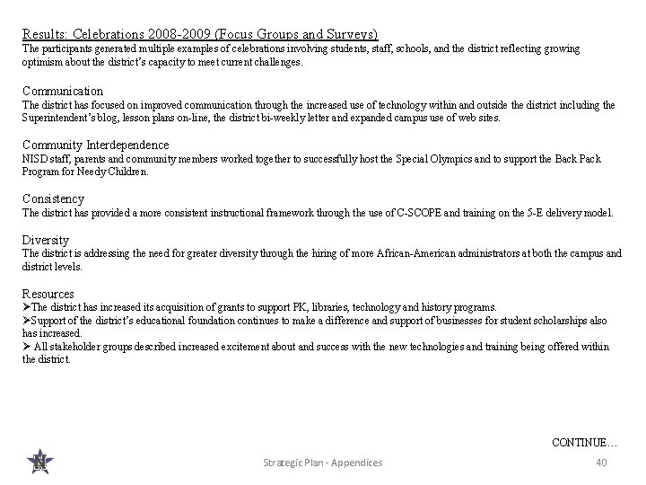 Results: Celebrations 2008 -2009 (Focus Groups and Surveys) The participants generated multiple examples of