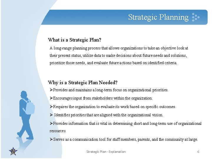 Strategic Planning What is a Strategic Plan? A long-range planning process that allows organizations
