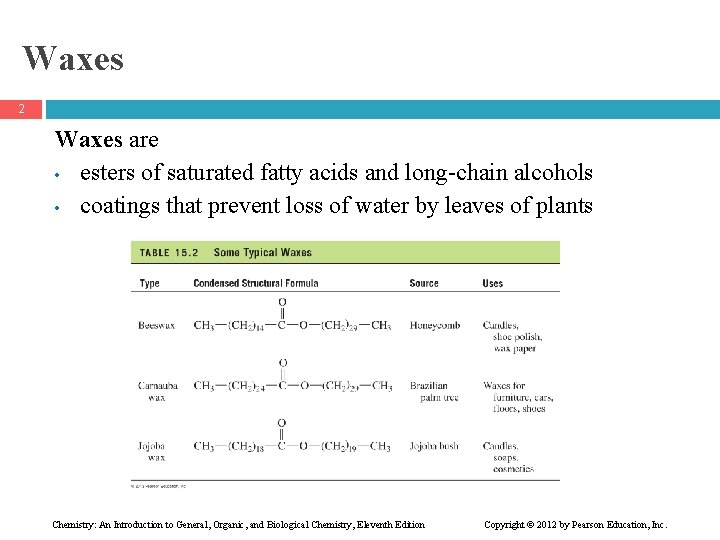 Waxes 2 Waxes are • esters of saturated fatty acids and long-chain alcohols •