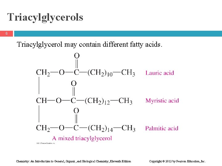 Triacylglycerols 6 Triacylglycerol may contain different fatty acids. Chemistry: An Introduction to General, Organic,