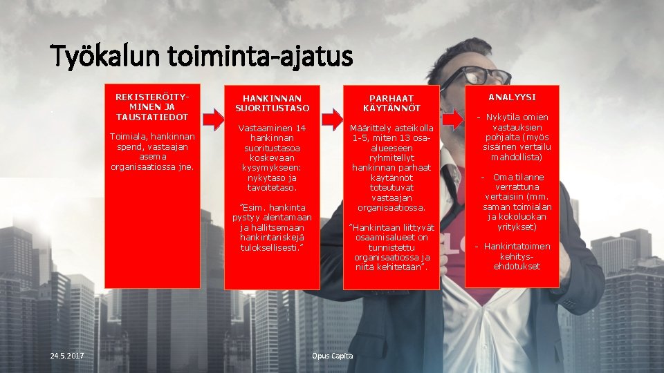 Työkalun toiminta-ajatus. REKISTERÖITYMINEN JA TAUSTATIEDOT Toimiala, hankinnan spend, vastaajan asema organisaatiossa jne. HANKINNAN SUORITUSTASO Työkalun toiminta-ajatus. REKISTERÖITYMINEN JA TAUSTATIEDOT Toimiala, hankinnan spend, vastaajan asema organisaatiossa jne. HANKINNAN SUORITUSTASO