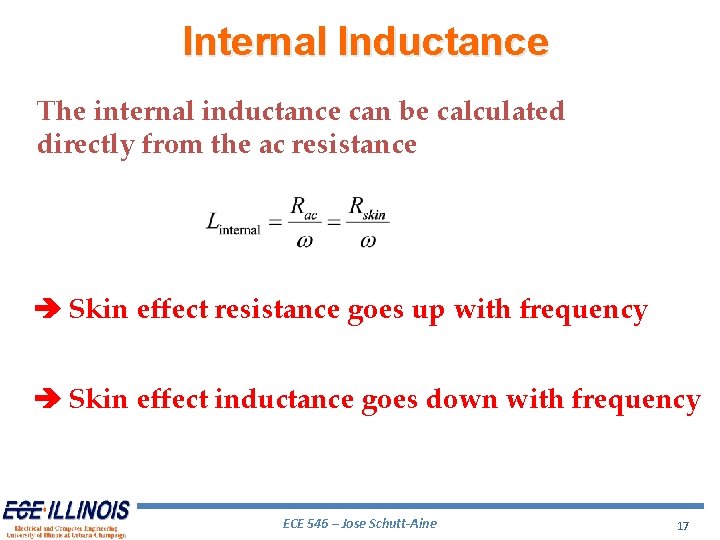 Internal Inductance The internal inductance can be calculated directly from the ac resistance Skin