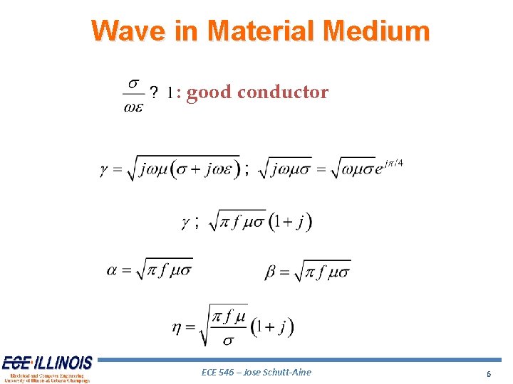 Wave in Material Medium : good conductor ECE 546 – Jose Schutt-Aine 6 