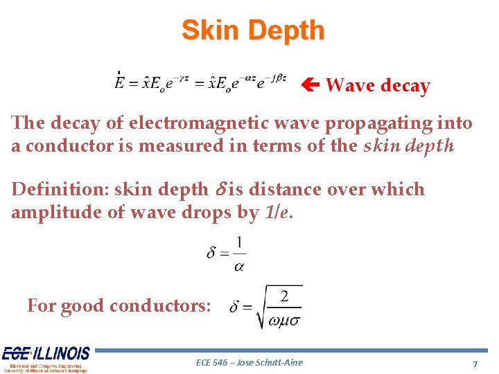 Skin Depth Wave decay The decay of electromagnetic wave propagating into a conductor is