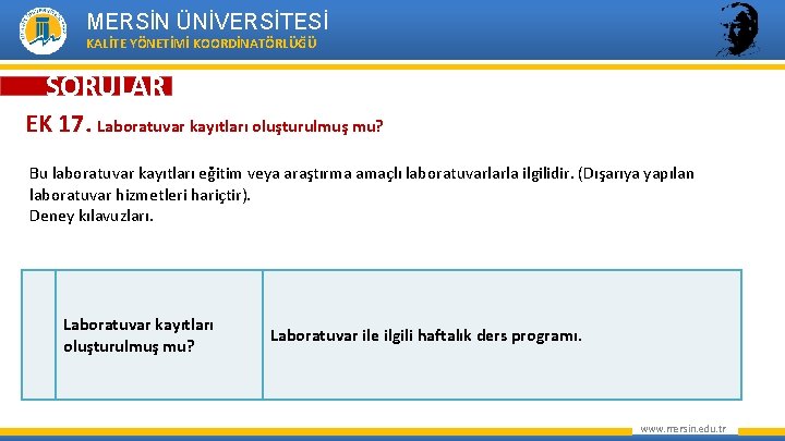 MERSİN ÜNİVERSİTESİ KALİTE YÖNETİMİ KOORDİNATÖRLÜĞÜ SORULAR EK 17. Laboratuvar kayıtları oluşturulmuş mu? Bu laboratuvar