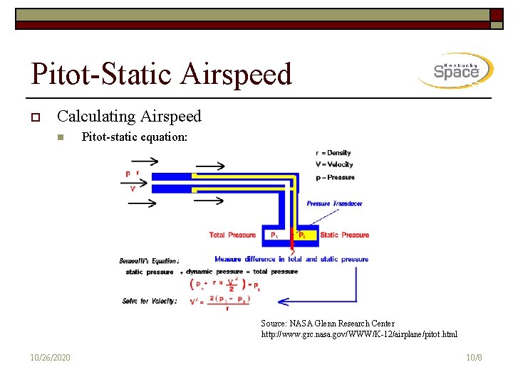 Pitot-Static Airspeed o Calculating Airspeed n Pitot-static equation: Source: NASA Glenn Research Center http: