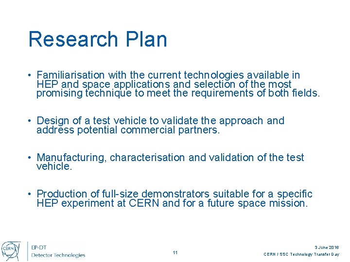 Research Plan • Familiarisation with the current technologies available in HEP and space applications