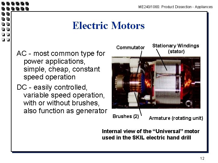 ME 240/106 S: Product Dissection - Appliances Electric Motors AC - most common type