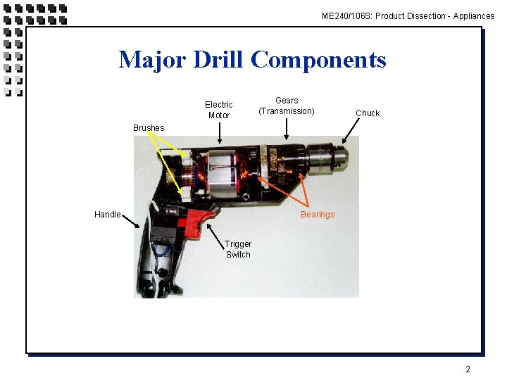 ME 240/106 S: Product Dissection - Appliances Major Drill Components Electric Motor Gears (Transmission)