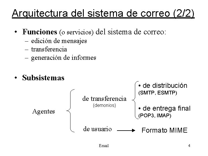 Arquitectura del sistema de correo (2/2) • Funciones (o servicios) del sistema de correo: