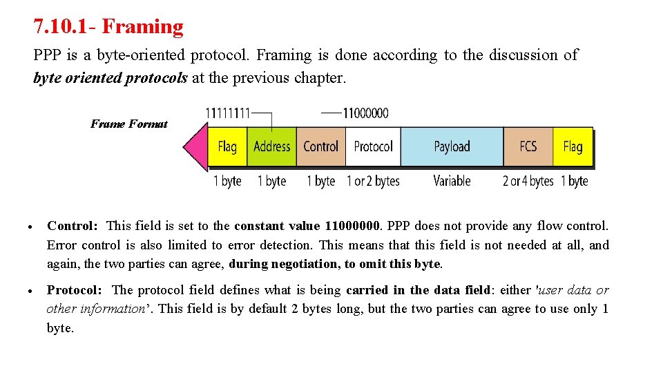 7. 10. 1 - Framing PPP is a byte-oriented protocol. Framing is done according