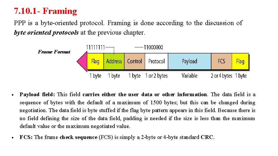 7. 10. 1 - Framing PPP is a byte-oriented protocol. Framing is done according