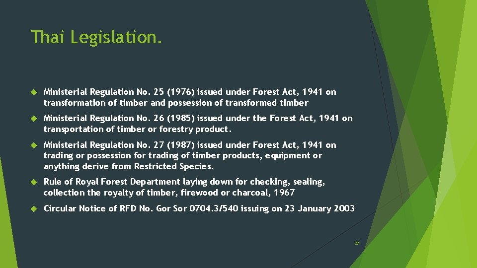 Thai Legislation. Ministerial Regulation No. 25 (1976) issued under Forest Act, 1941 on transformation