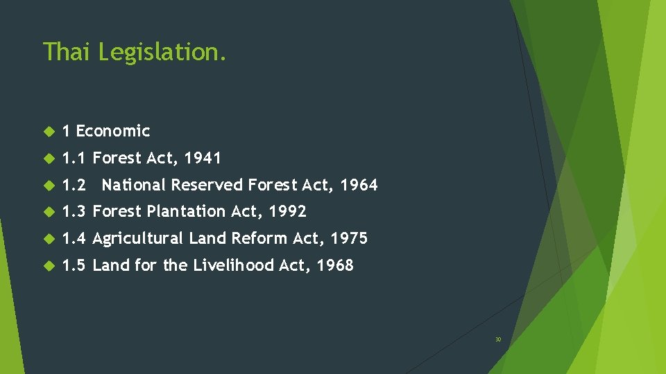 Thai Legislation. 1 Economic 1. 1 Forest Act, 1941 1. 2 National Reserved Forest