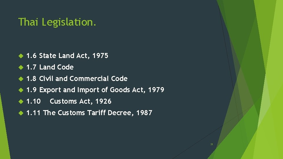 Thai Legislation. 1. 6 State Land Act, 1975 1. 7 Land Code 1. 8