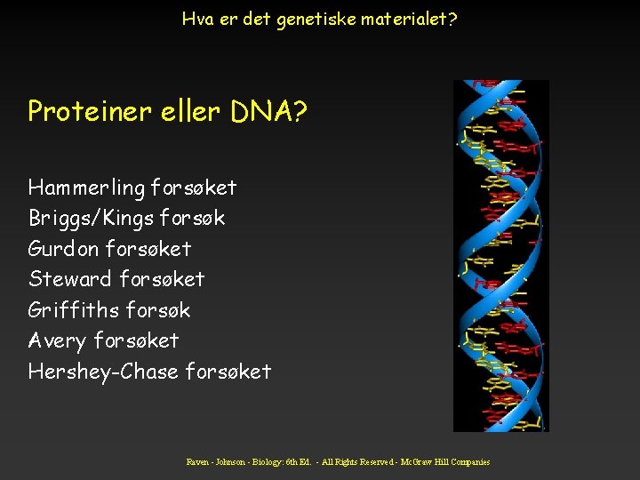 Hva er det genetiske materialet? Proteiner eller DNA? Hammerling forsøket Briggs/Kings forsøk Gurdon forsøket