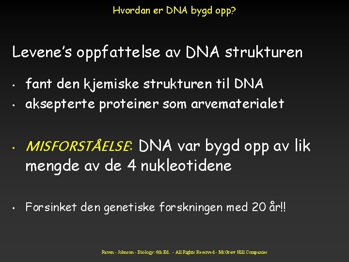 Hvordan er DNA bygd opp? Levene’s oppfattelse av DNA strukturen • fant den kjemiske