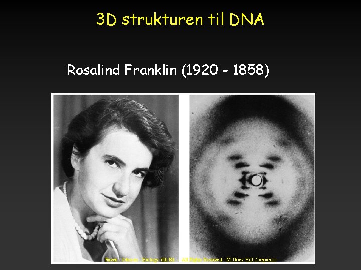 3 D strukturen til DNA Rosalind Franklin (1920 - 1858) Raven - Johnson -