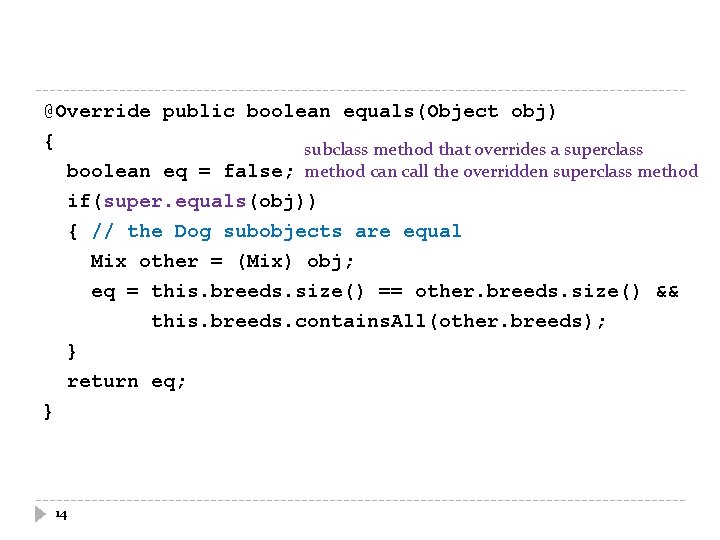 @Override public boolean equals(Object obj) { subclass method that overrides a superclass boolean eq