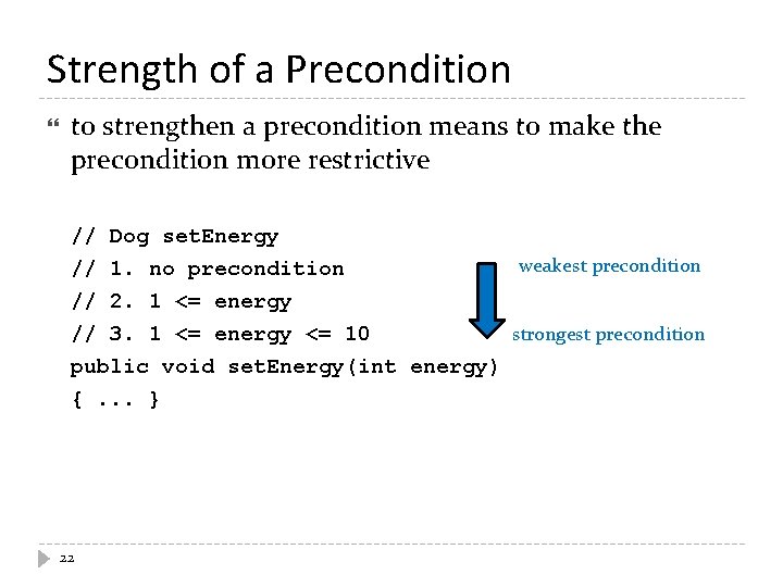 Strength of a Precondition to strengthen a precondition means to make the precondition more