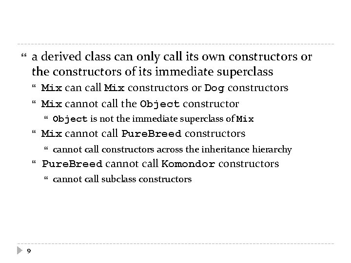 a derived class can only call its own constructors or the constructors of its