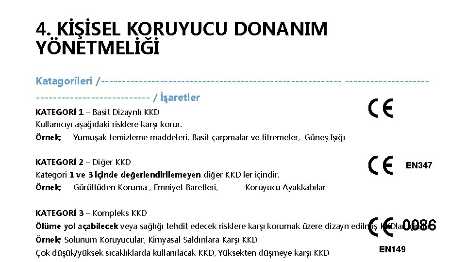 4. KİŞİSEL KORUYUCU DONANIM YÖNETMELİĞİ Katagorileri /----------------------------- / İşaretler KATEGORİ 1 – Basit Dizaynlı