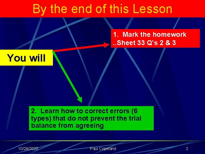 By the end of this Lesson 1. Mark the homework. . Sheet 33 Q’s