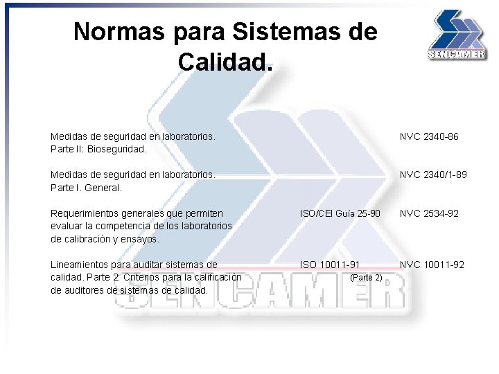 Normas para Sistemas de Calidad. Medidas de seguridad en laboratorios. Parte II: Bioseguridad. NVC