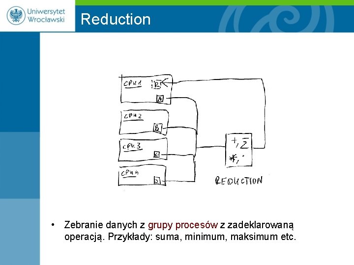 Reduction • Zebranie danych z grupy procesów z zadeklarowaną operacją. Przykłady: suma, minimum, maksimum