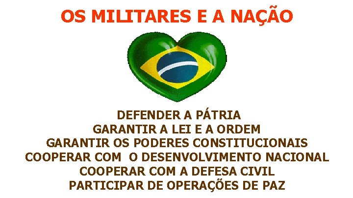 OS MILITARES E A NAÇÃO DEFENDER A PÁTRIA GARANTIR A LEI E A ORDEM