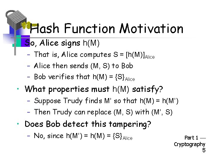 Hash Function Motivation • So, Alice signs h(M) – That is, Alice computes S