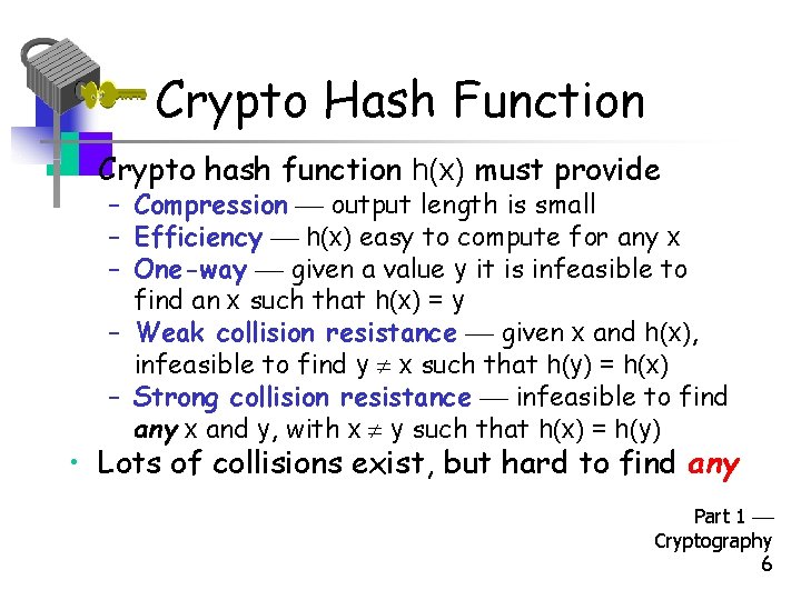 Crypto Hash Function • Crypto hash function h(x) must provide – Compression output length